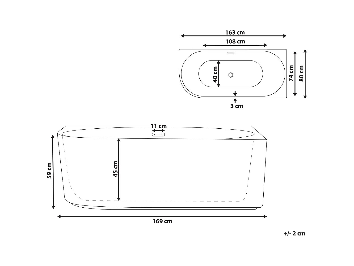 Baignoire d'angle GOCTA Côté droite 169 x 80 cm Blanc