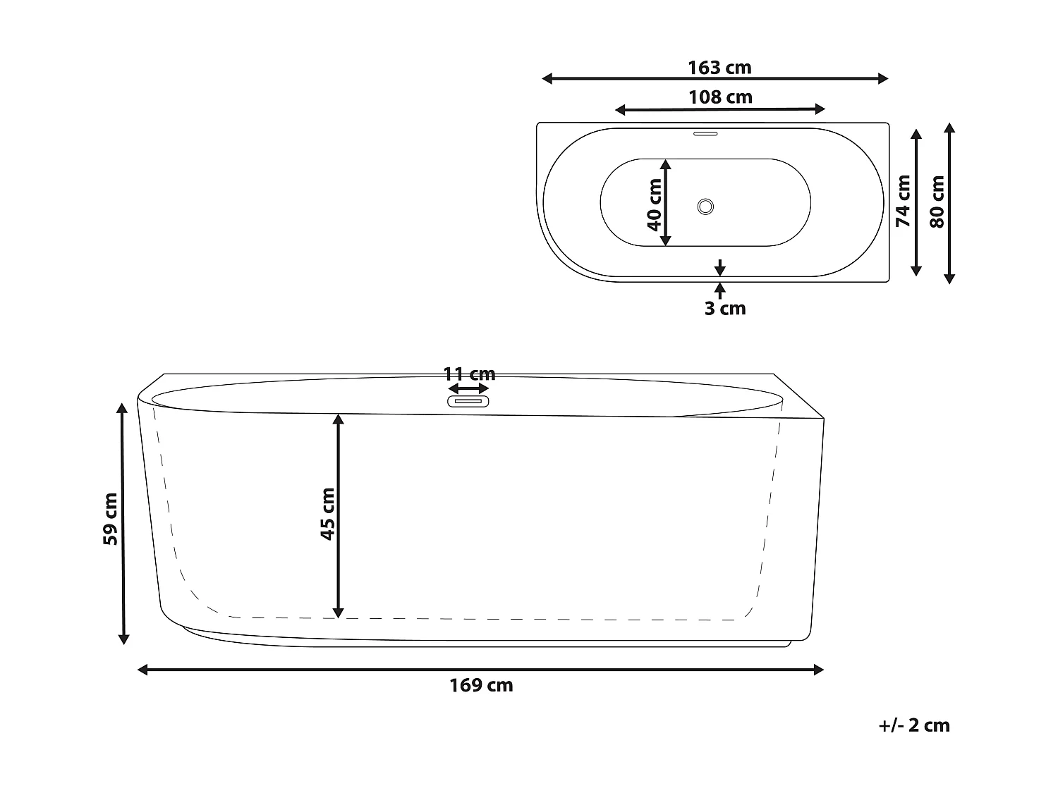Baignoire d'angle GOCTA Côté droite 169 x 80 cm Blanc