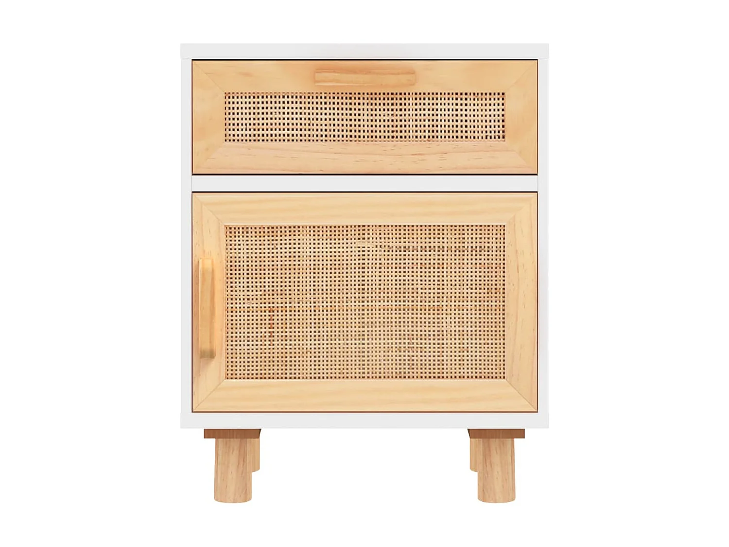 2er-Set Nachttische Nachtschrank Weiß Massivholz Kiefer und Natur-Rattan -RN71585