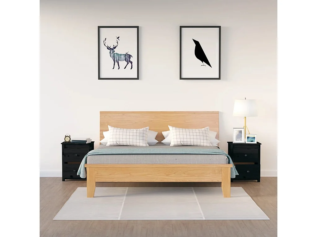 2er-Set Nachttische Nachtschrank Schwarz 50x35x61,5 cm Massivholz Kiefer -RN11637