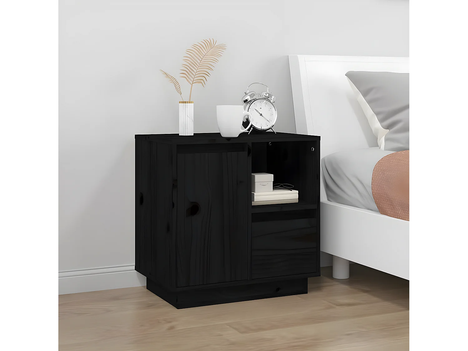 Nachttisch Nachtschrank Schwarz 50x34x50 cm Massivholz Kiefer -RN94246