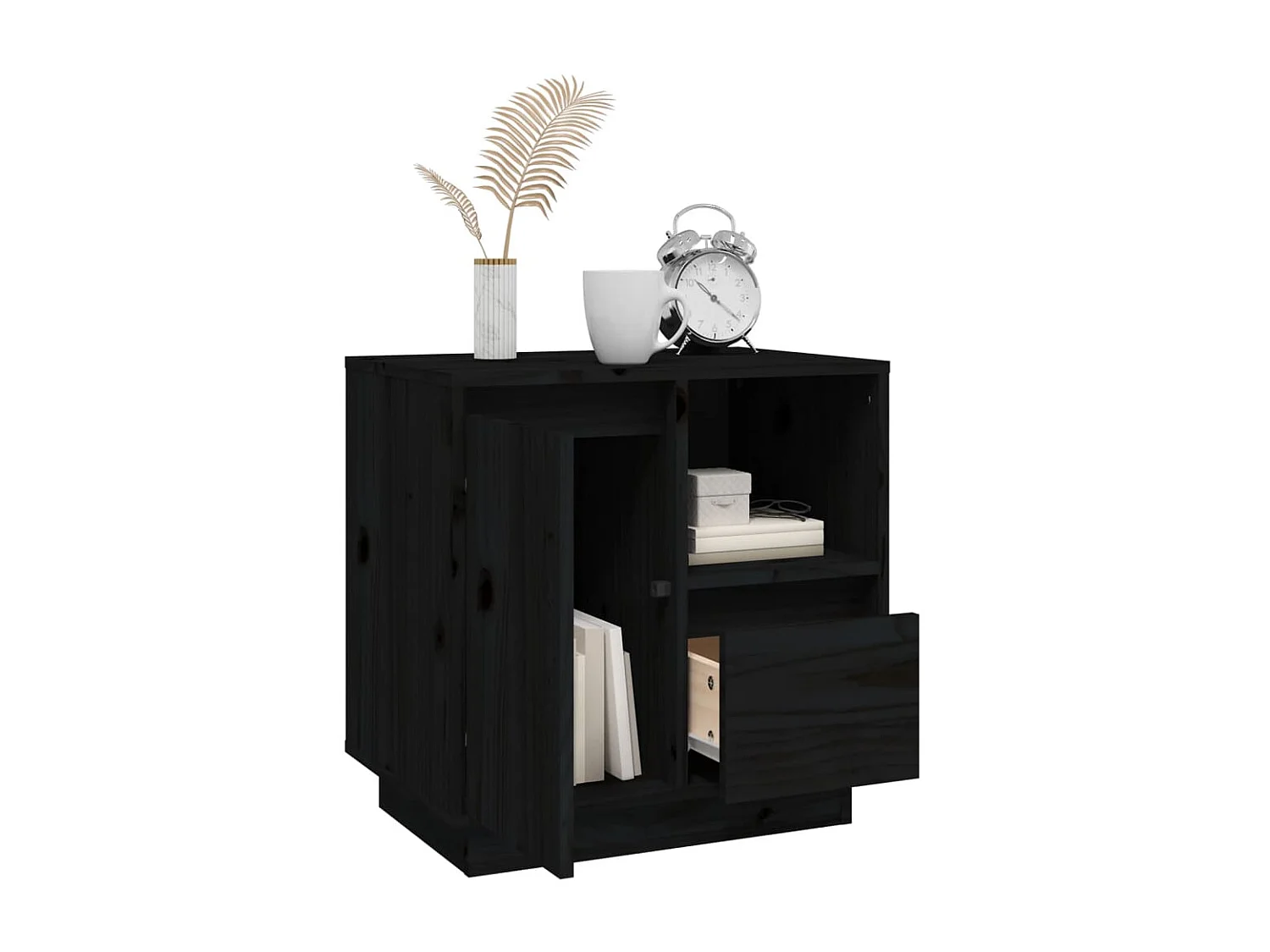 Nachttisch Nachtschrank Schwarz 50x34x50 cm Massivholz Kiefer -RN94246