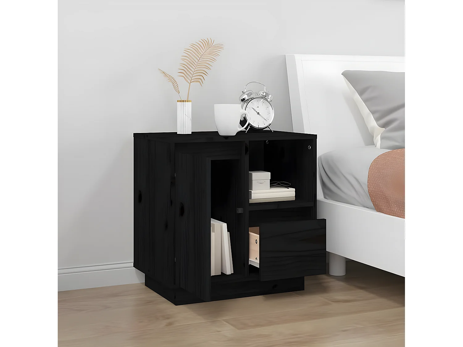 Nachttisch Nachtschrank Schwarz 50x34x50 cm Massivholz Kiefer -RN94246