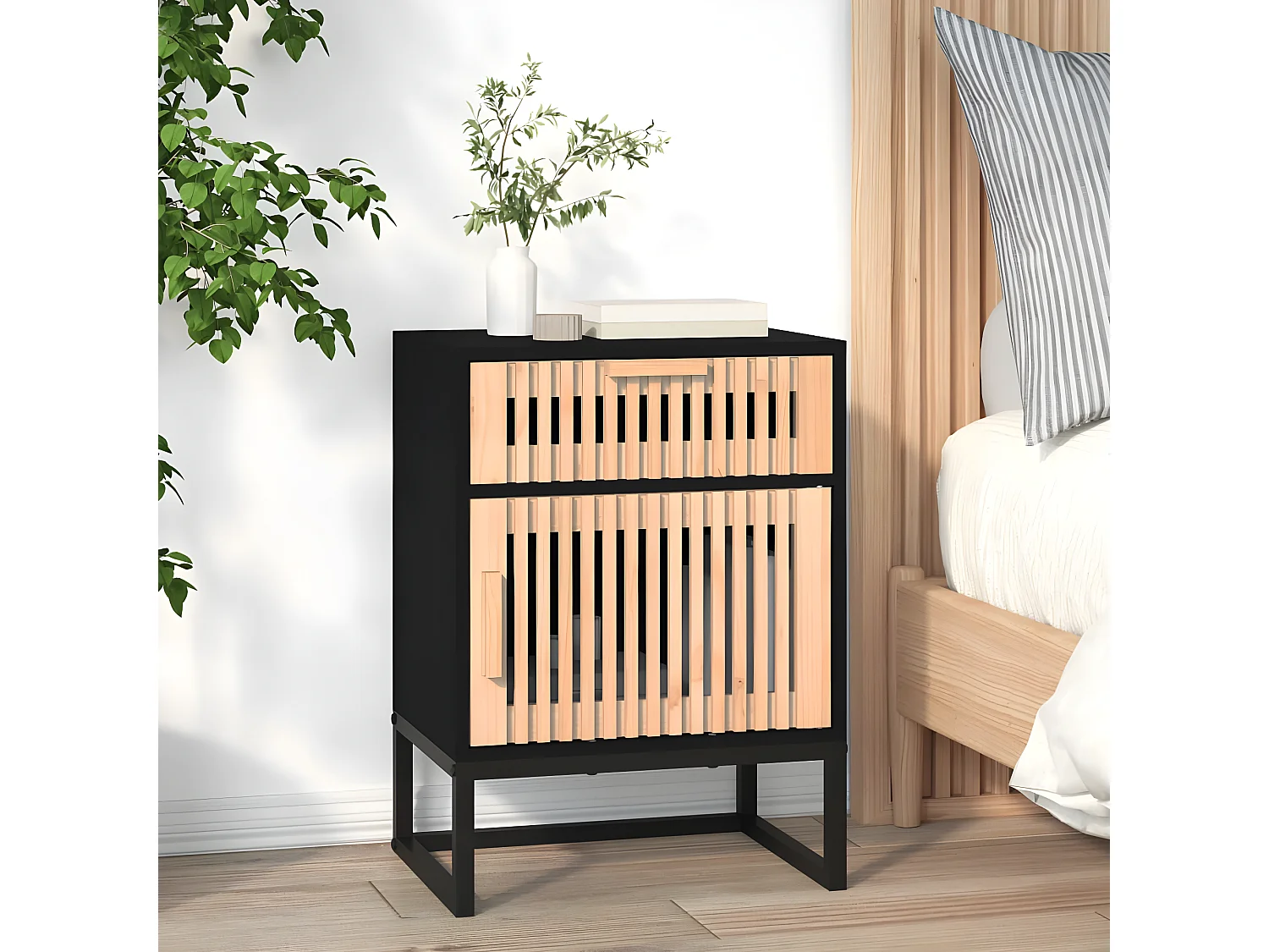 2er-Set Nachttische Nachtschrank Schwarz 40x30x55,5 cm Holzwerkstoff & Eisen -RN91421