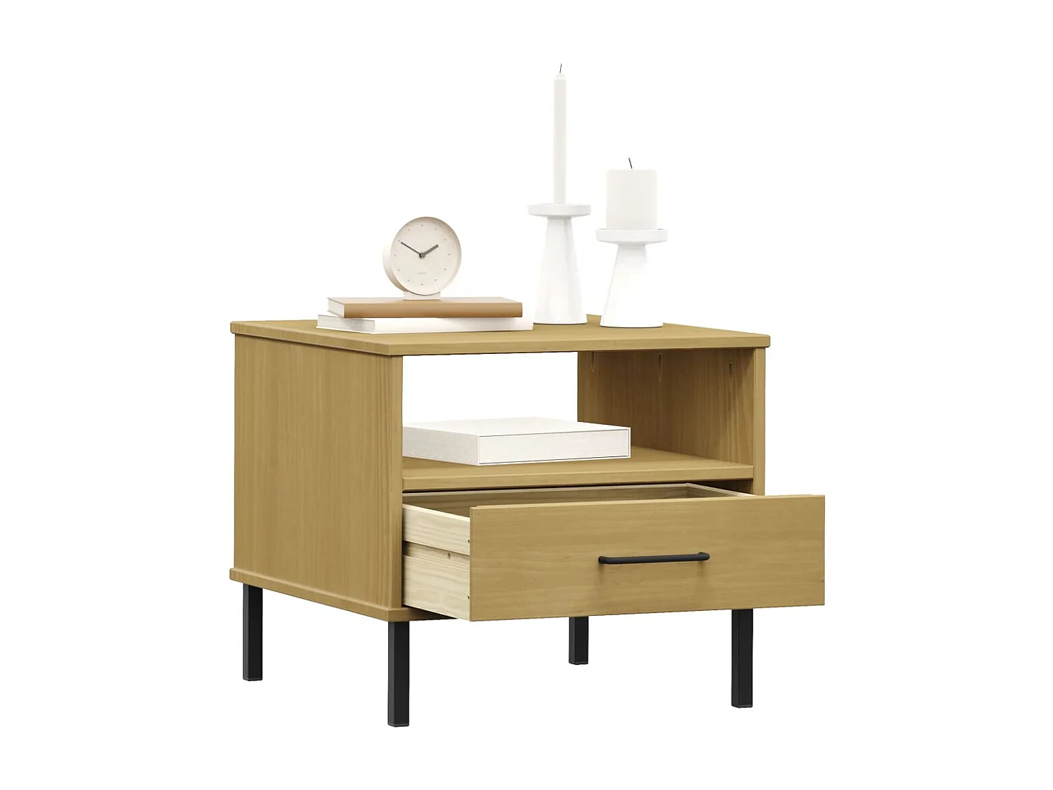 Nachttisch Nachtschrank OSLO mit Metallbeinen Braun Massivholz Kiefer -RN42976