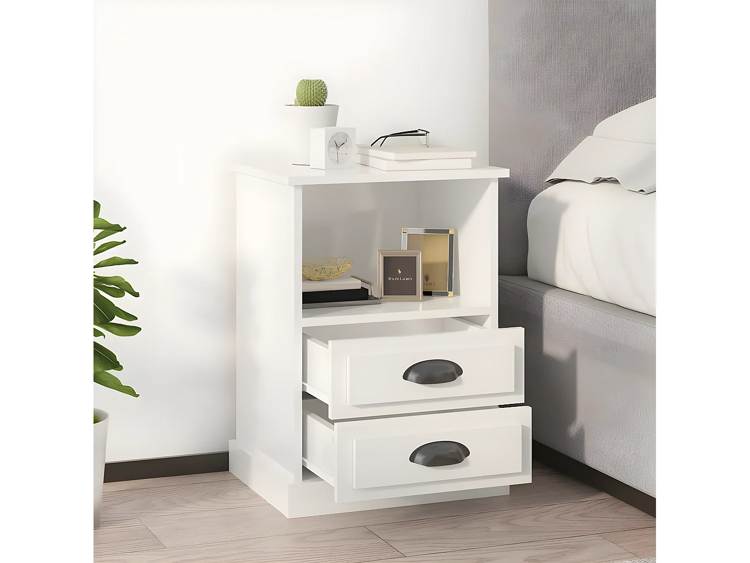 2er-Set Nachttische Nachtschrank Hochglanz-Weiß 43x36x60 cm -RN35682