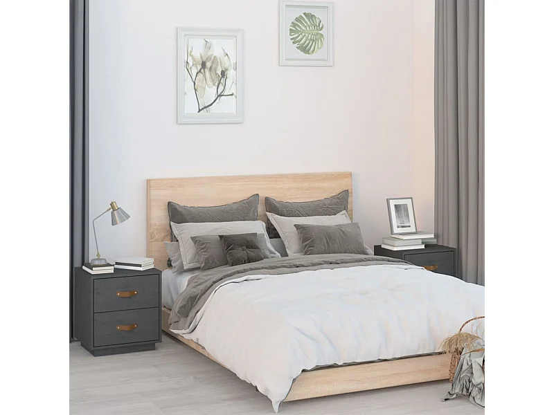2er-Set Nachttische Nachtschrank Grau 40x34x45 cm Massivholz Kiefer -RN80004