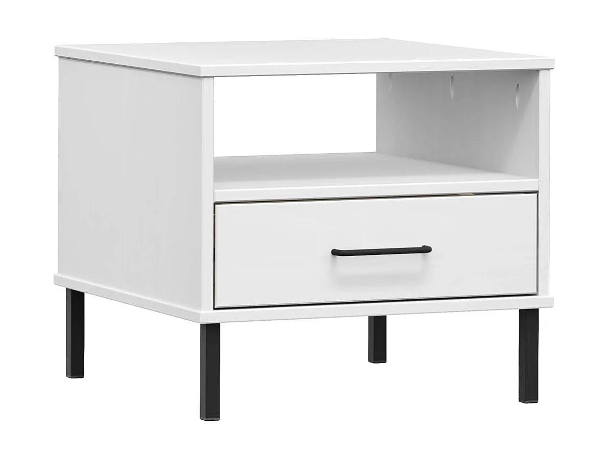 Nachttisch Nachtschrank OSLO mit Metallbeinen Weiß Massivholz Kiefer -RN18445