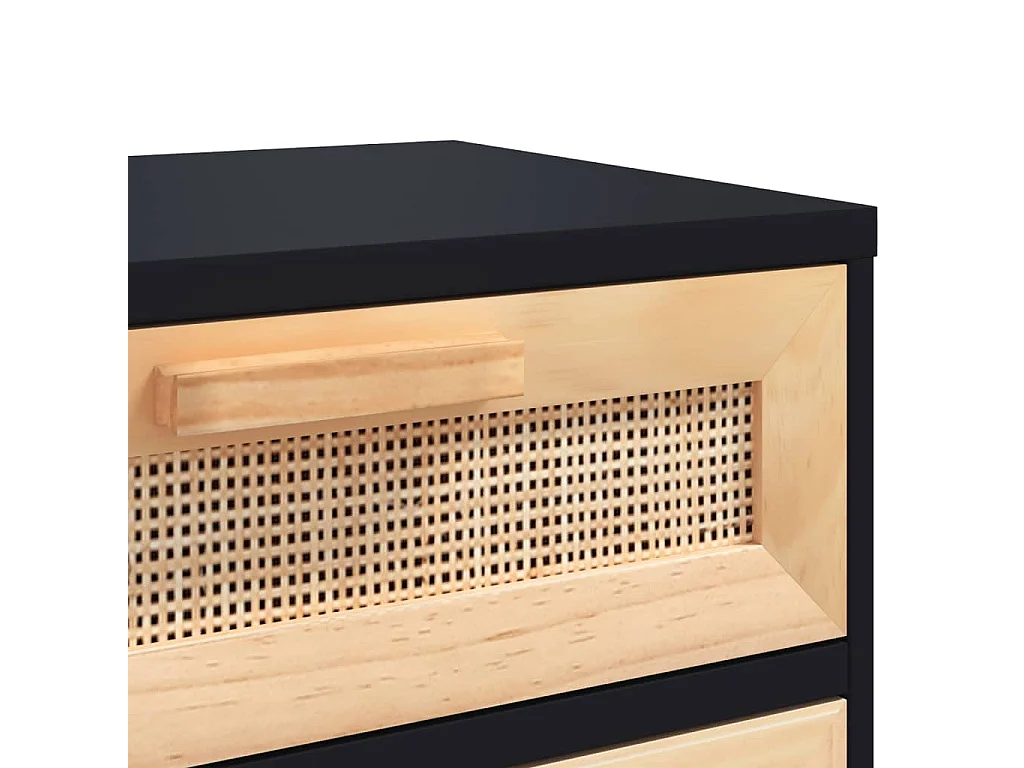 Nachttisch Nachtschrank Schwarz Massivholz Kiefer und Natur-Rattan -RN57687