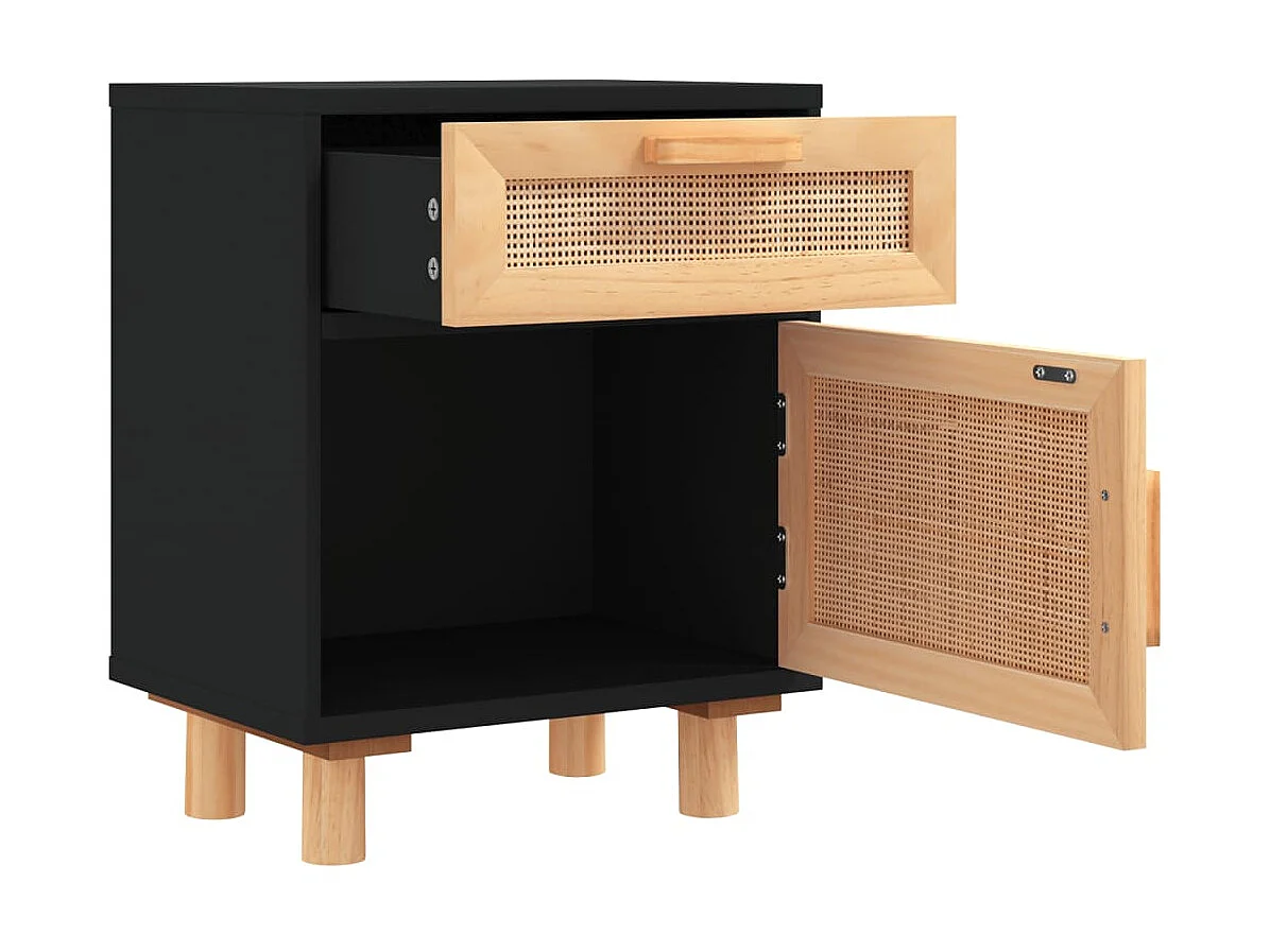 Nachttisch Nachtschrank Schwarz Massivholz Kiefer und Natur-Rattan -RN57687