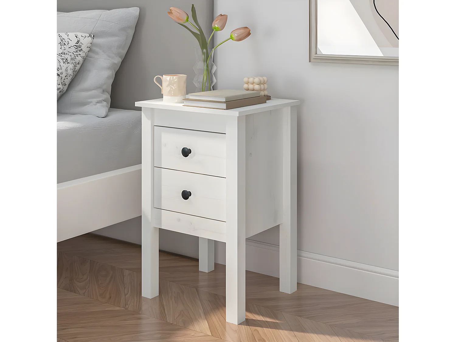 Nachttisch Nachtschrank Weiß 40x35x61,5 cm Massivholz Kiefer -RN15328