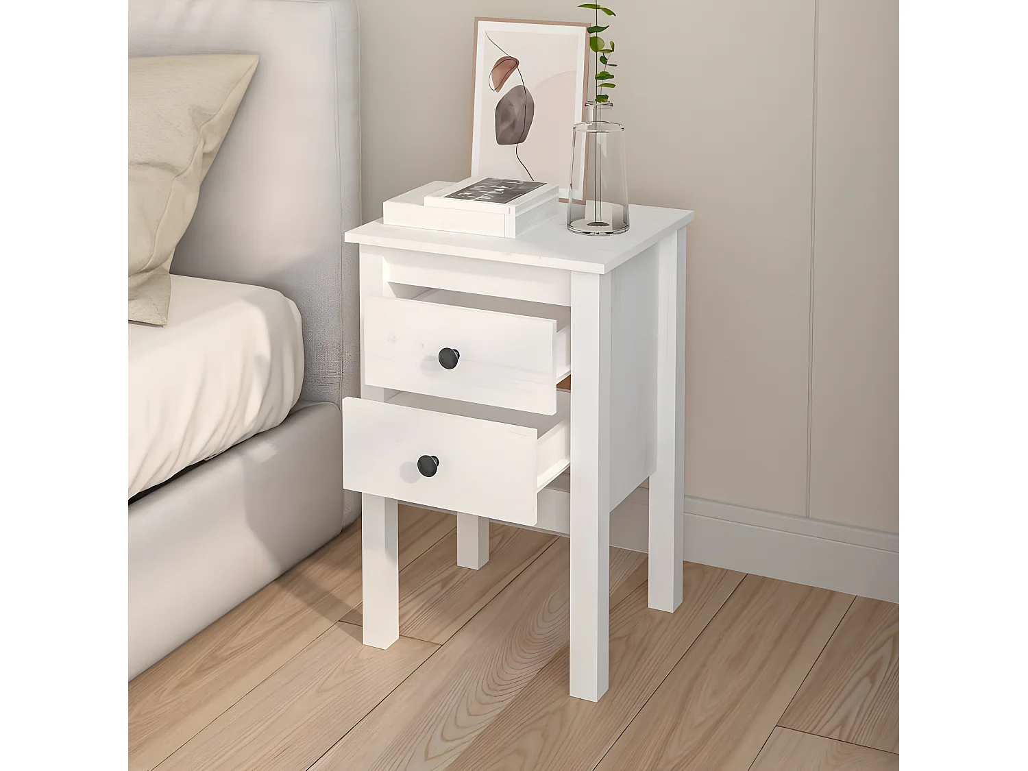 Nachttisch Nachtschrank Weiß 40x35x61,5 cm Massivholz Kiefer -RN15328