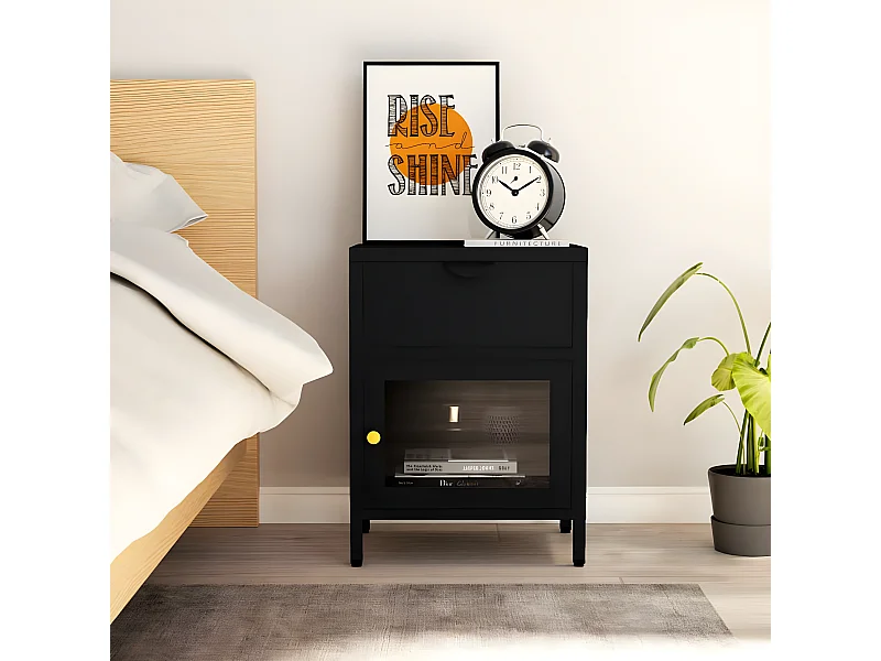 Nachttisch Nachtschrank Schwarz 40x30x54,5 cm Stahl und Glas -RN44773