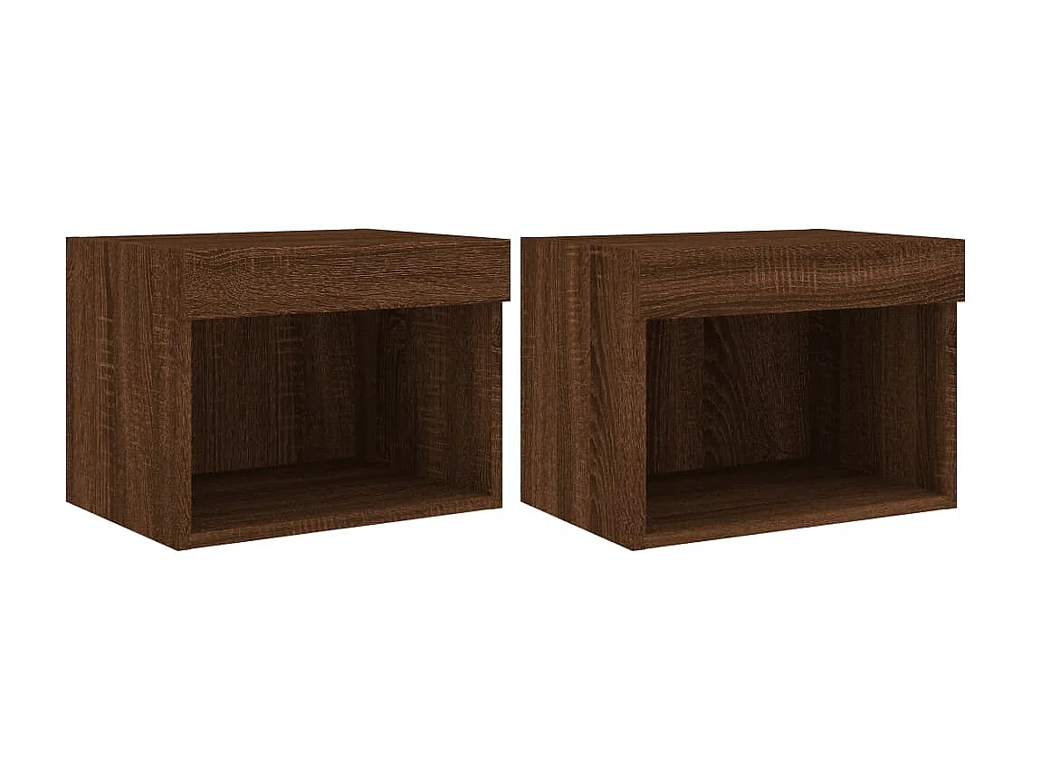 2er-Set Wand-Nachttische Nachtschrank mit LED-Leuchten Braun Eichen-Optik -RN99834
