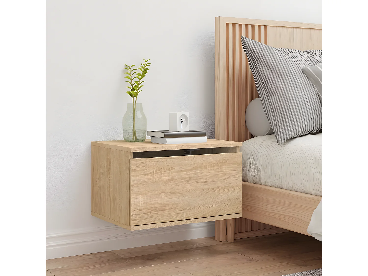 Wand-Nachttisch Nachtschrank mit LED-Leuchten Sonoma-Eiche -RN64430