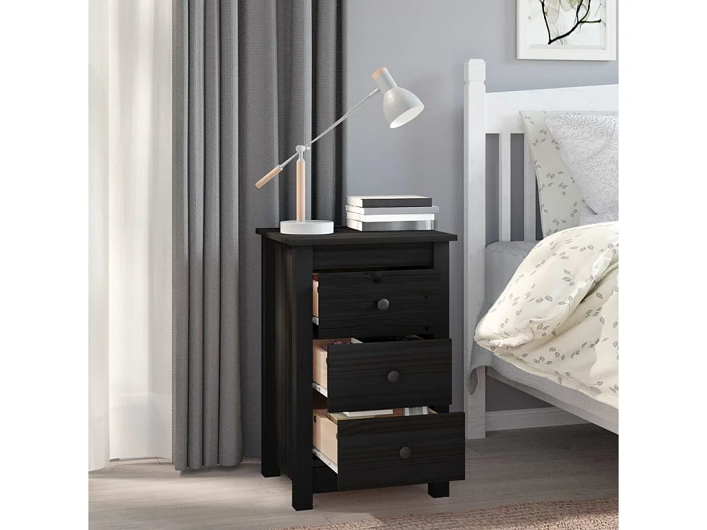 2er-Set Nachttische Nachtschrank Schwarz 40x35x61,5 cm Massivholz Kiefer -RN68893
