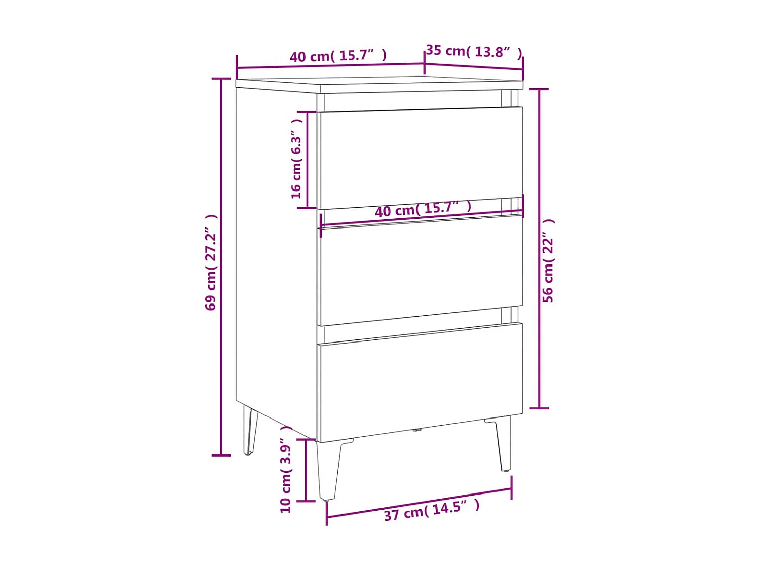 Nachttisch Nachtschrank mit Metallbeinen Weiß 40x35x69 cm -RN18799