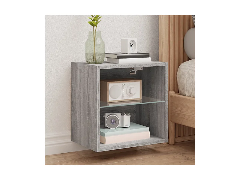 Wand-Nachttisch Nachtschrank mit LED-Leuchten Grau Sonoma -RN77640