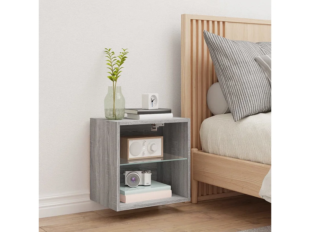 Wand-Nachttisch Nachtschrank mit LED-Leuchten Grau Sonoma -RN77640