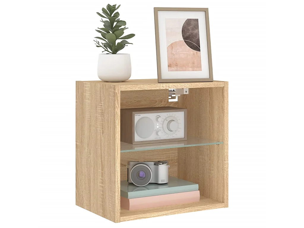 Wand-Nachttisch Nachtschrank mit LED-Leuchten Sonoma-Eiche -RN68365
