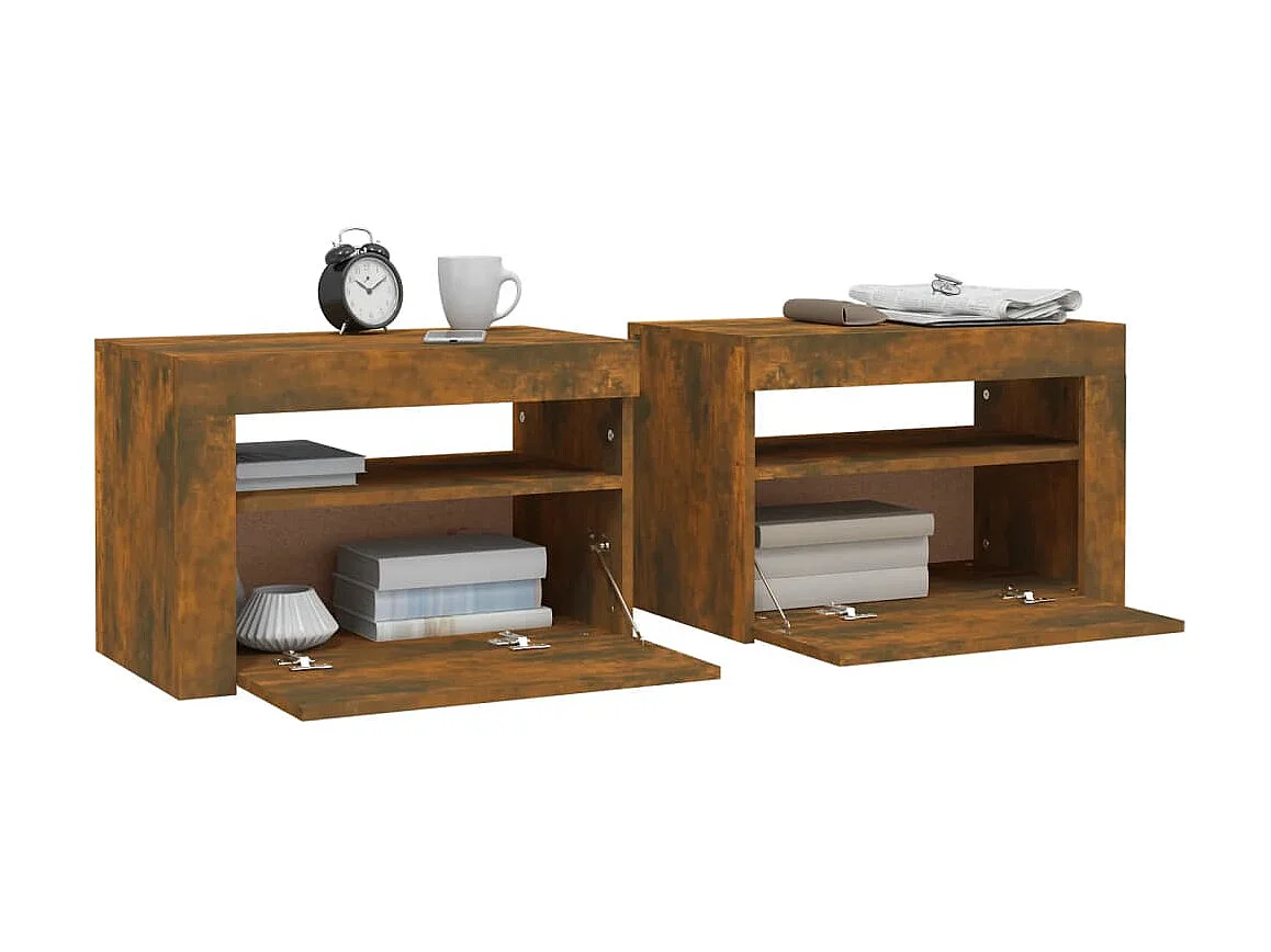 2er-Set Nachttische Nachtschrank mit LEDs Räuchereiche 60x35x40 cm -RN91455