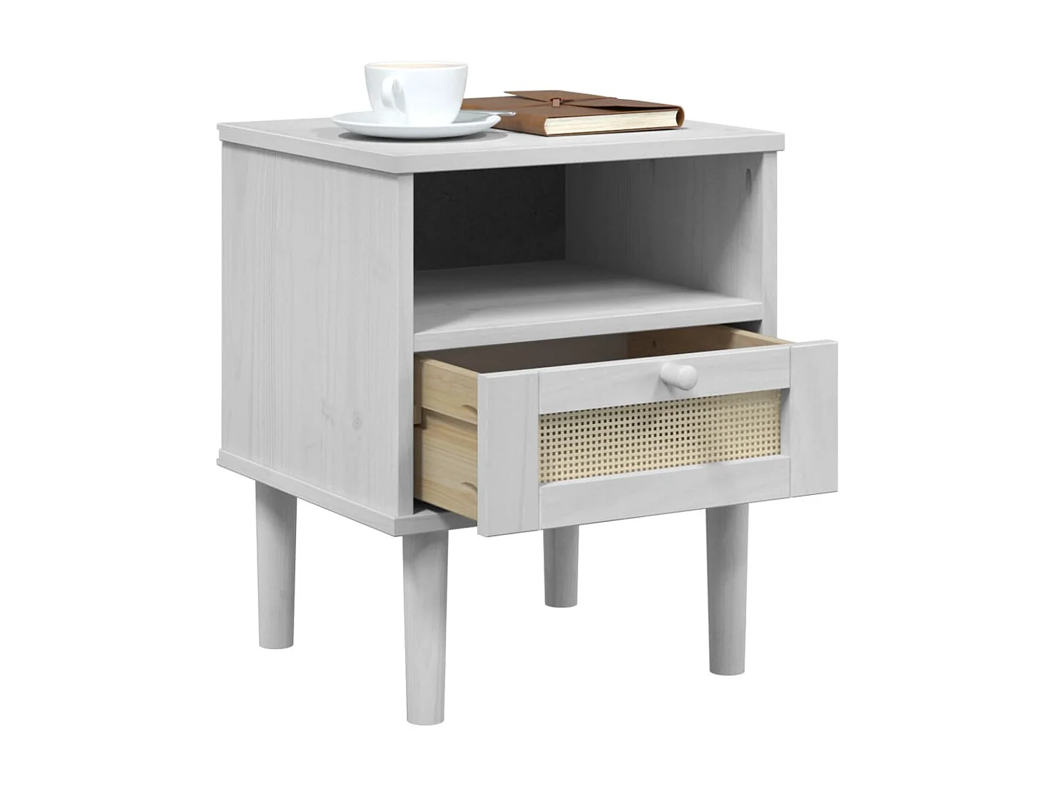 Nachttisch Nachtschrank SENJA Rattan-Look Weiß 40x35x48 cm Massivholz Kiefer -RN99964