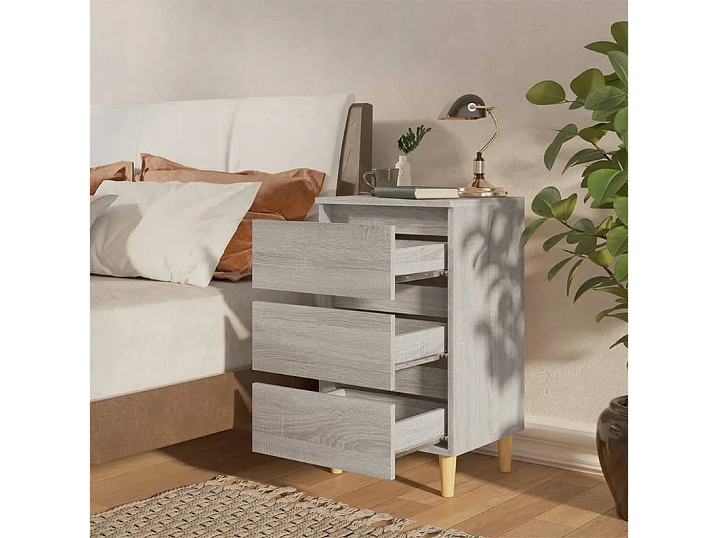Nachttisch Nachtschrank mit Massivholz-Beinen Grau Sonoma 40x35x69 cm -RN98360