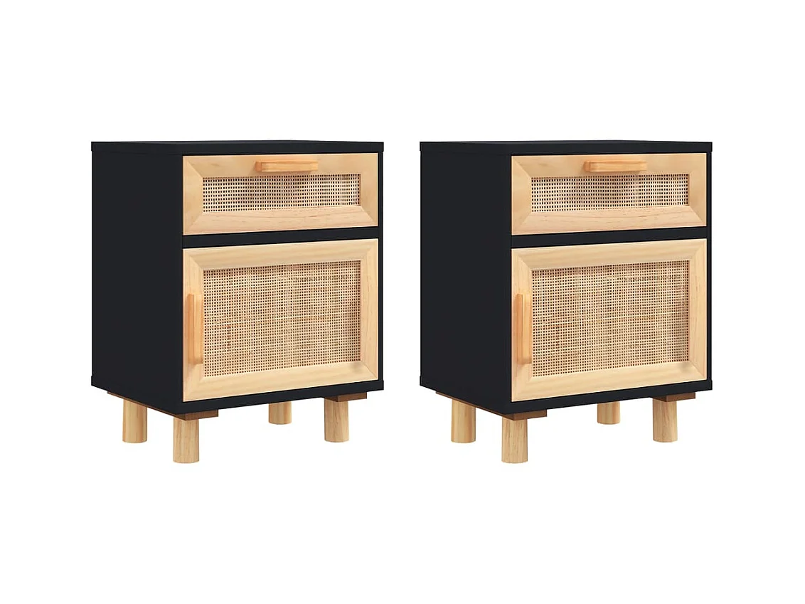 2er-Set Nachttische Nachtschrank Schwarz Massivholz Kiefer und Natur-Rattan -RN55468