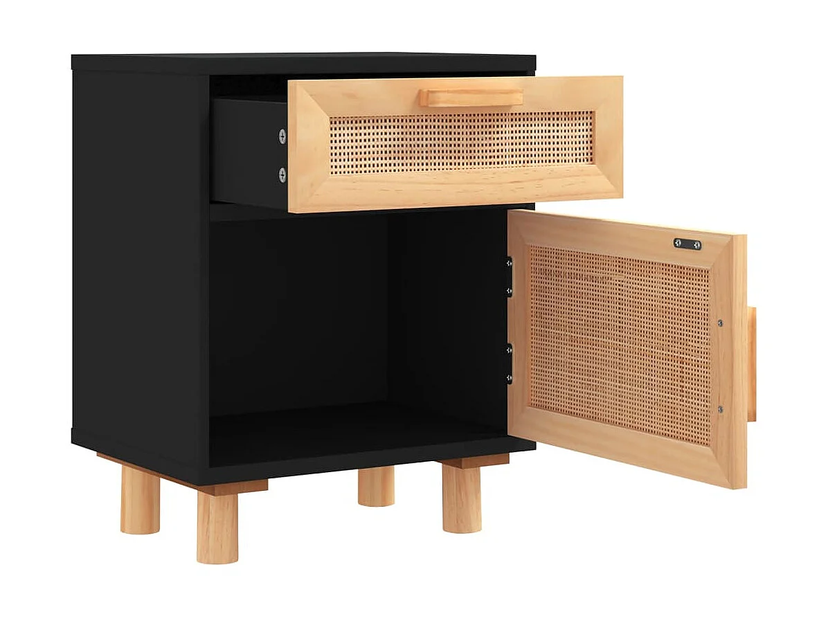 2er-Set Nachttische Nachtschrank Schwarz Massivholz Kiefer und Natur-Rattan -RN55468