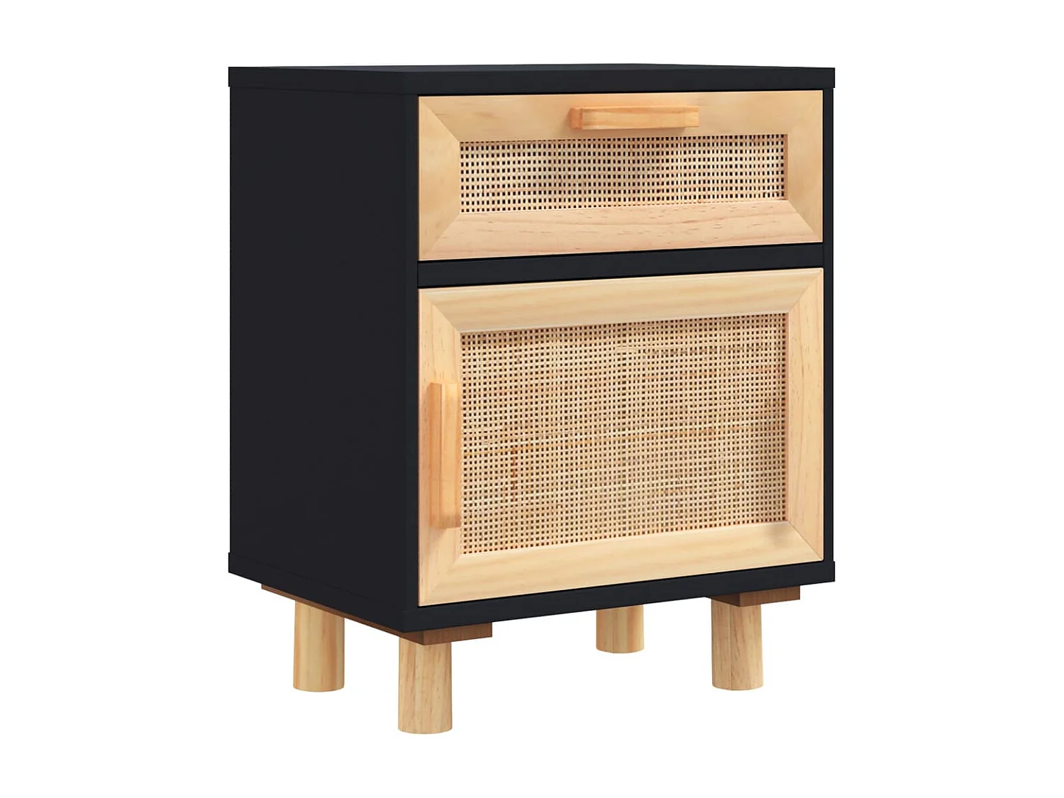 2er-Set Nachttische Nachtschrank Schwarz Massivholz Kiefer und Natur-Rattan -RN55468