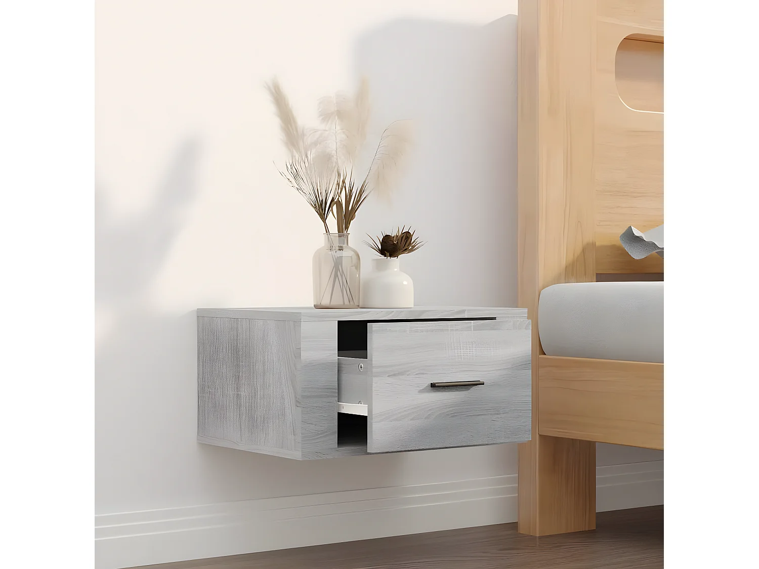 Wand-Nachttisch Grau Nachtschrank Sonoma 50x36x25 cm -RN36210