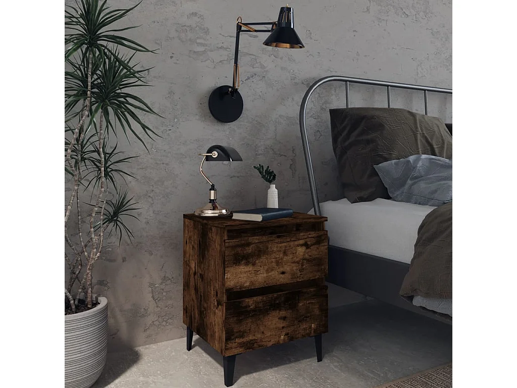 2er-Set Nachttische Nachtschrank mit Metallbeinen Räuchereiche 40x35x50 cm -RN75206