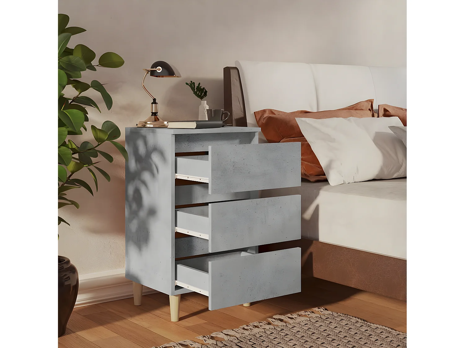 2er-Set Nachttische Nachtschrank mit Massivholz-Beinen Betongrau 40x35x69 cm -RN66841