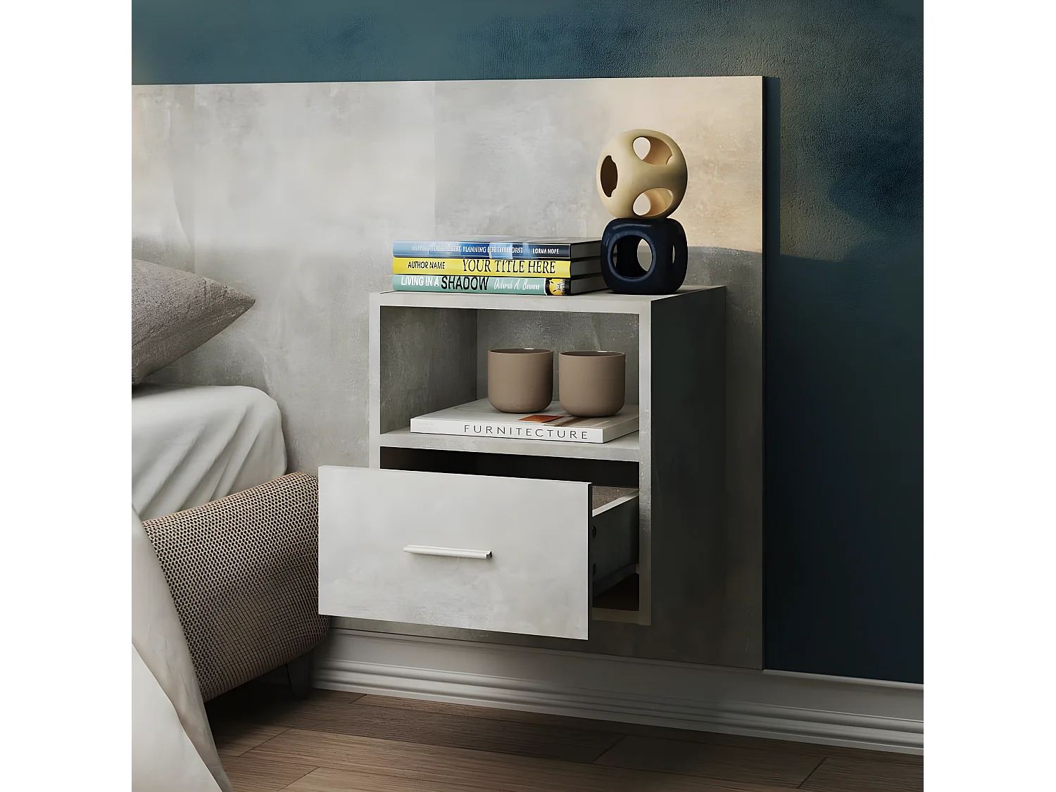 2er-Set Wand-Nachttische Nachtschrank Betongrau -RN54913