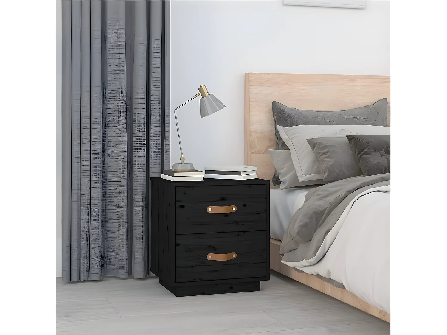 2er-Set Nachttische Nachtschrank Schwarz 40x34x45 cm Massivholz Kiefer -RN48187