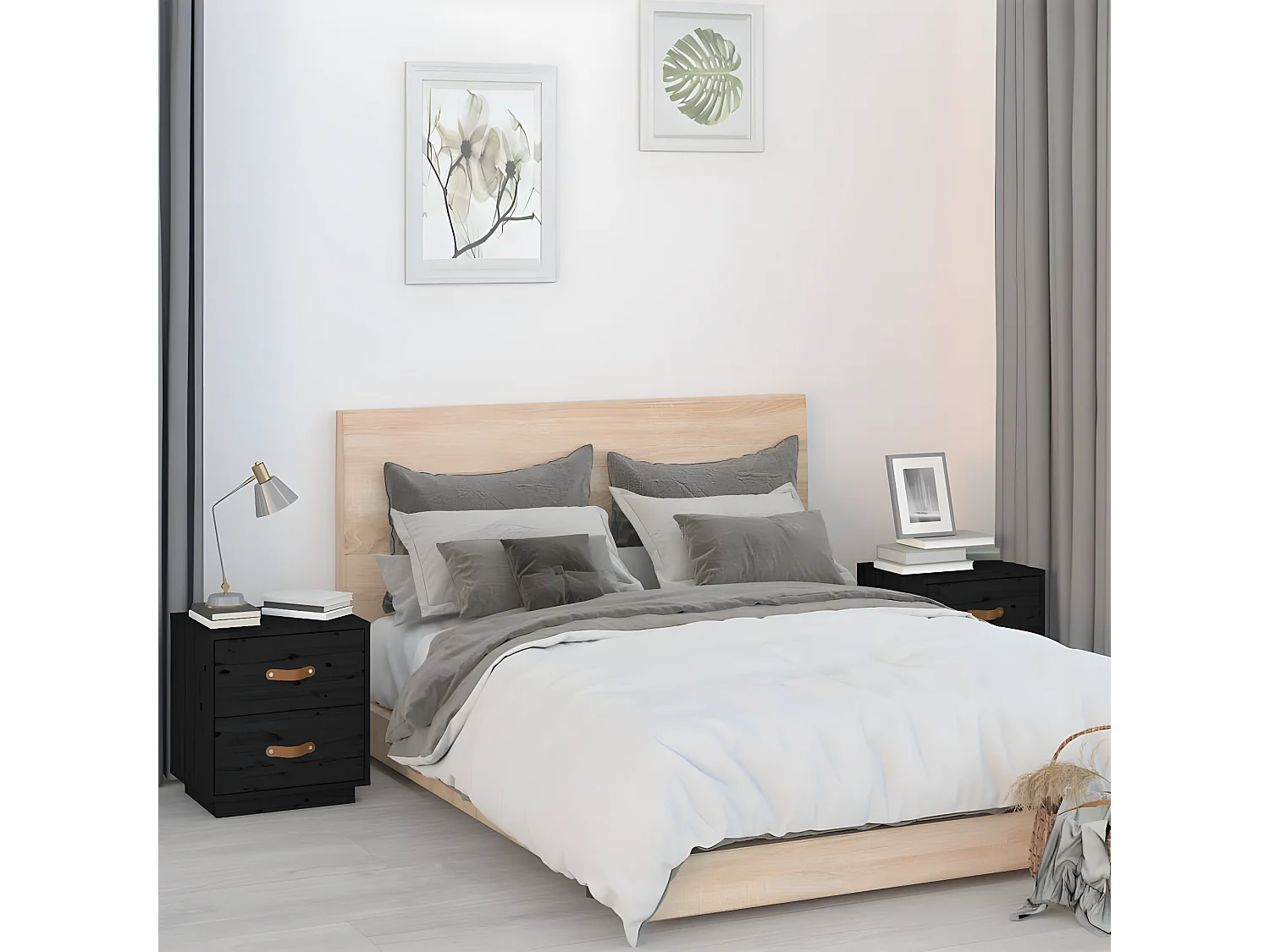 2er-Set Nachttische Nachtschrank Schwarz 40x34x45 cm Massivholz Kiefer -RN48187