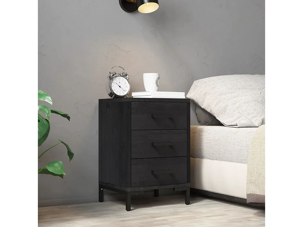 Nachttisch Nachtschrank Schwarz 40x30x55 cm Massivholz Kiefer -RN24039