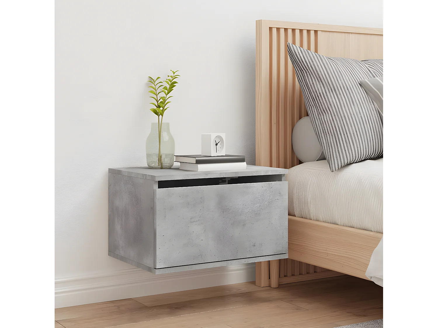 Wand-Nachttisch Nachtschrank mit LED-Leuchten Betongrau -RN69757