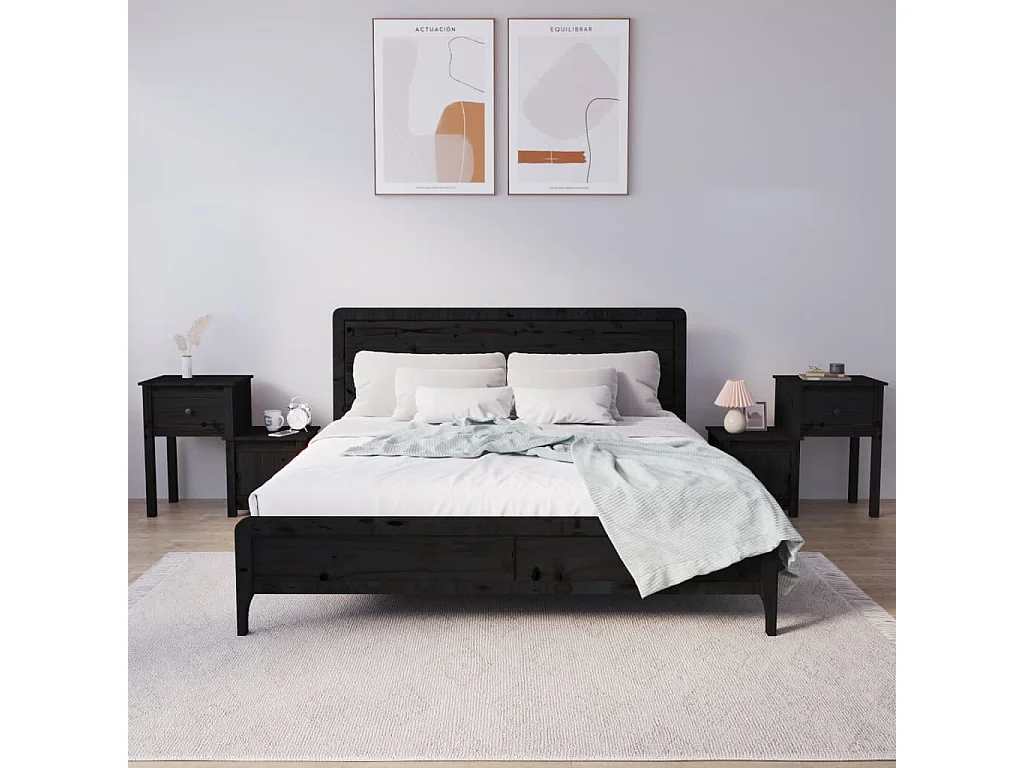 2er-Set Nachttische Nachtschrank Schwarz 79,5x38x65,5 cm Massivholz Kiefer -RN22505