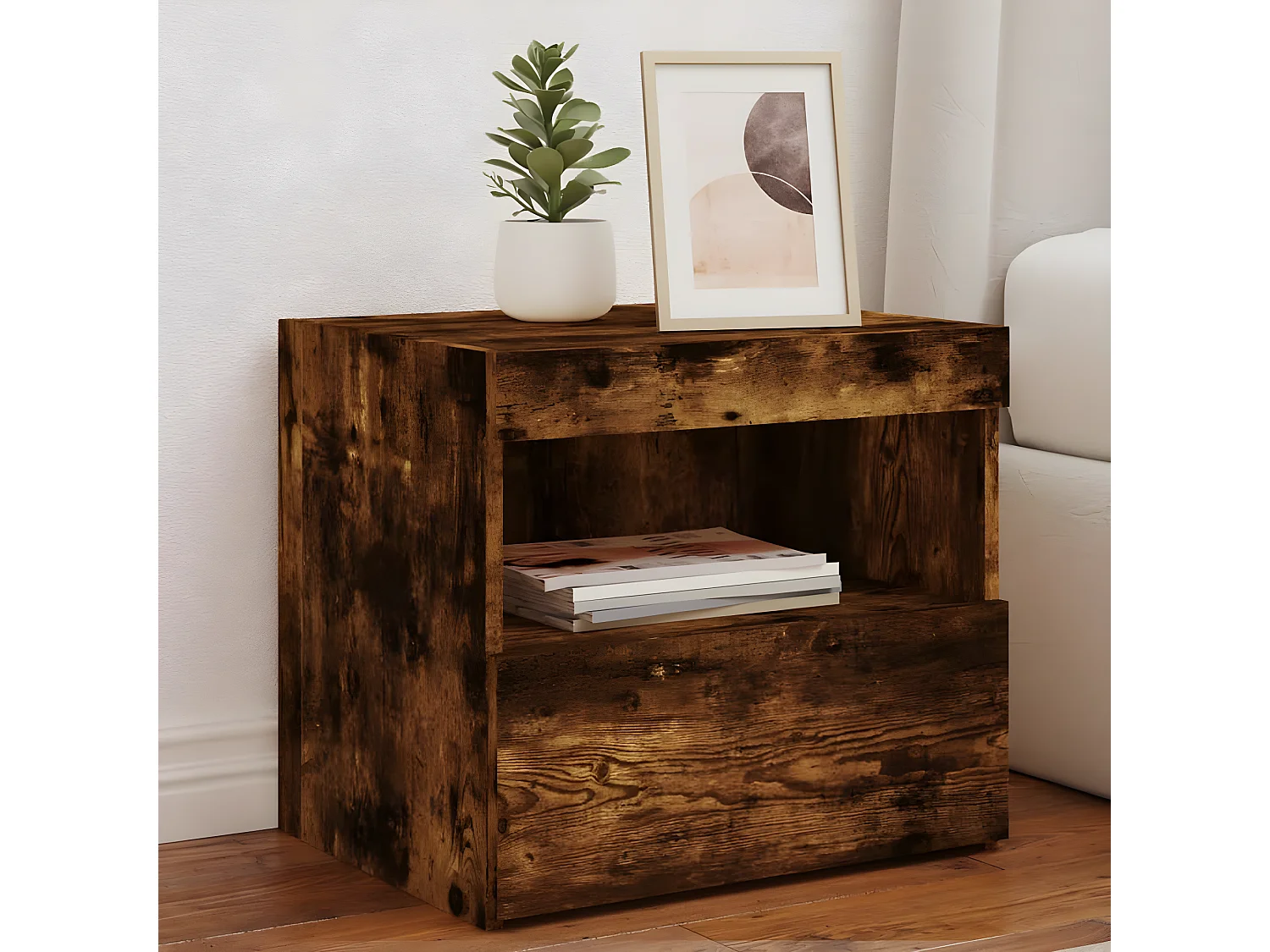 Nachttisch Nachtschrank mit LED-Leuchten Räuchereiche 50x40x45 cm -RN66282