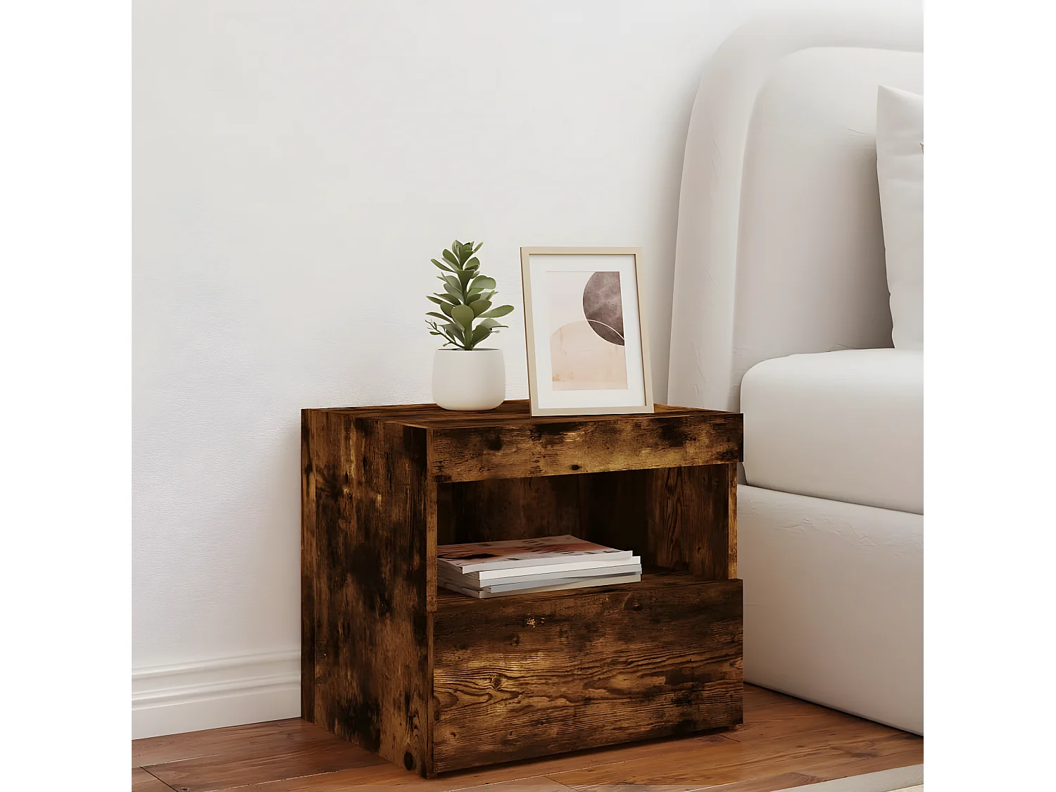 Nachttisch Nachtschrank mit LED-Leuchten Räuchereiche 50x40x45 cm -RN66282