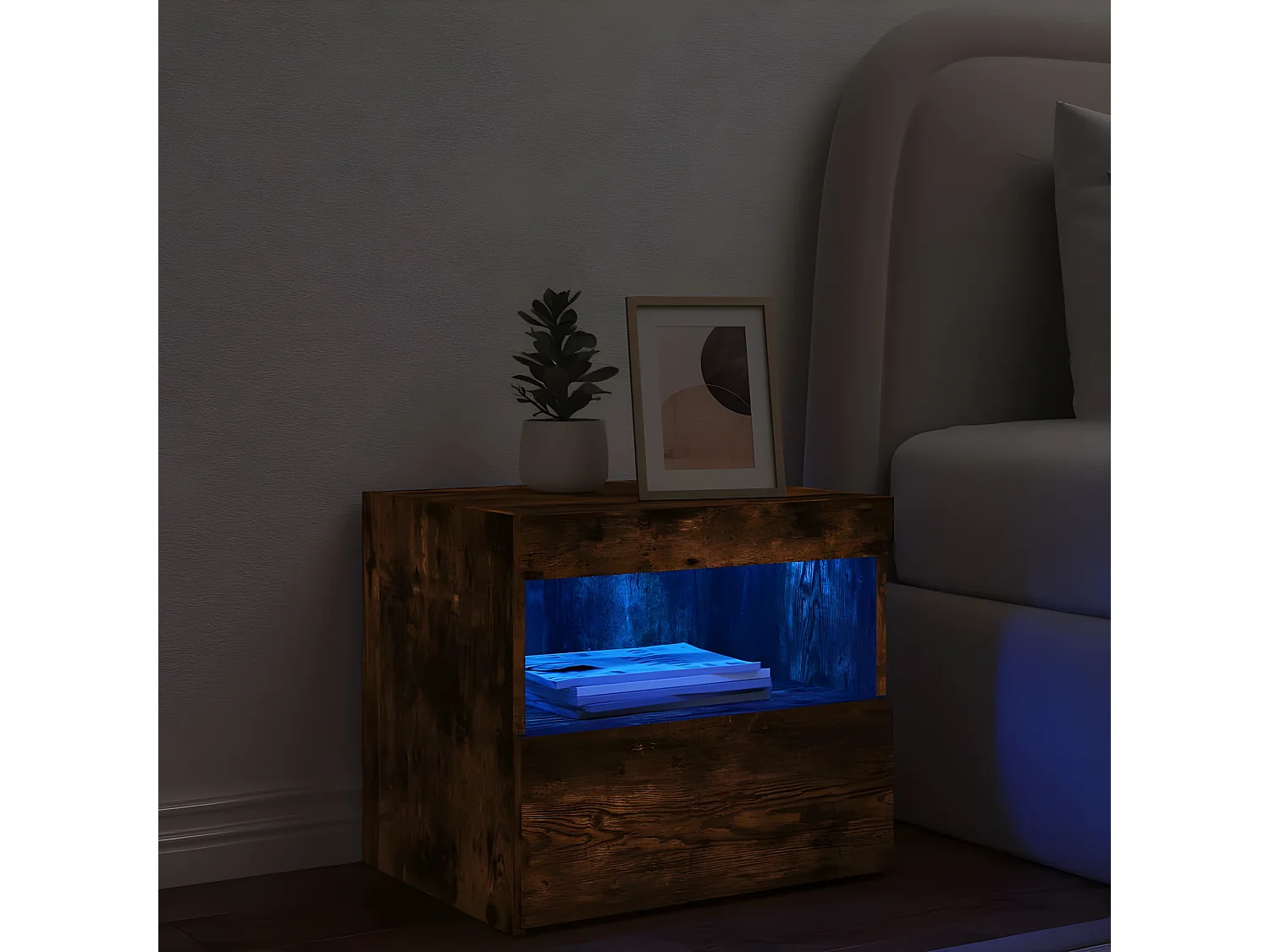 Nachttisch Nachtschrank mit LED-Leuchten Räuchereiche 50x40x45 cm -RN66282