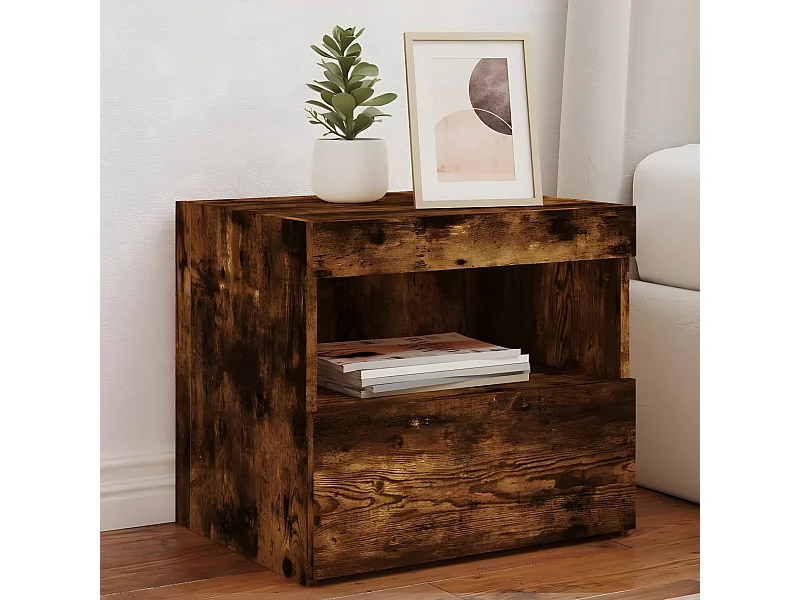 Nachttisch Nachtschrank mit LED-Leuchten Räuchereiche 50x40x45 cm -RN66282