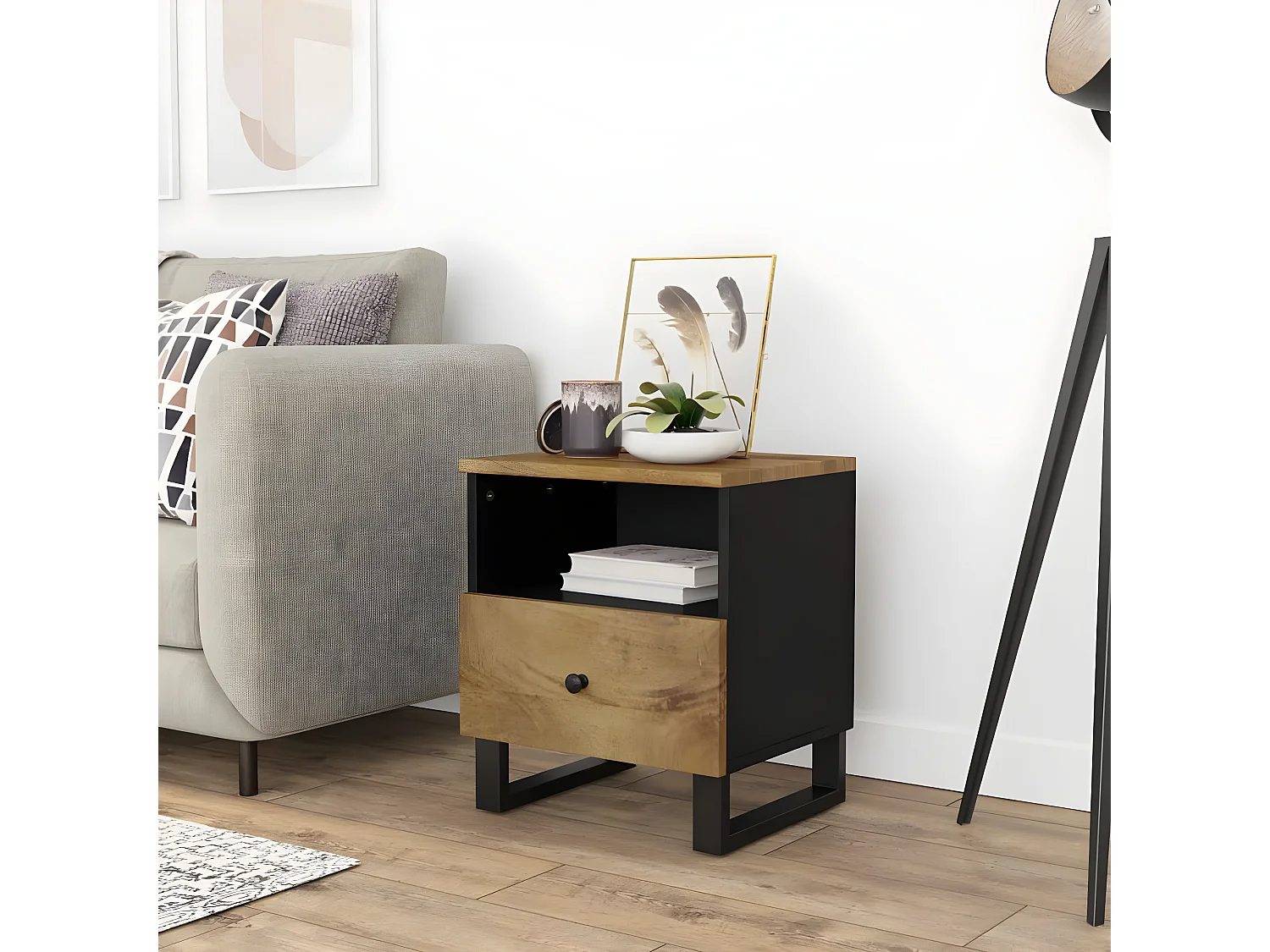 Nachttisch Nachtschrank Massivholz Mango & Holzwerkstoff -RN34809