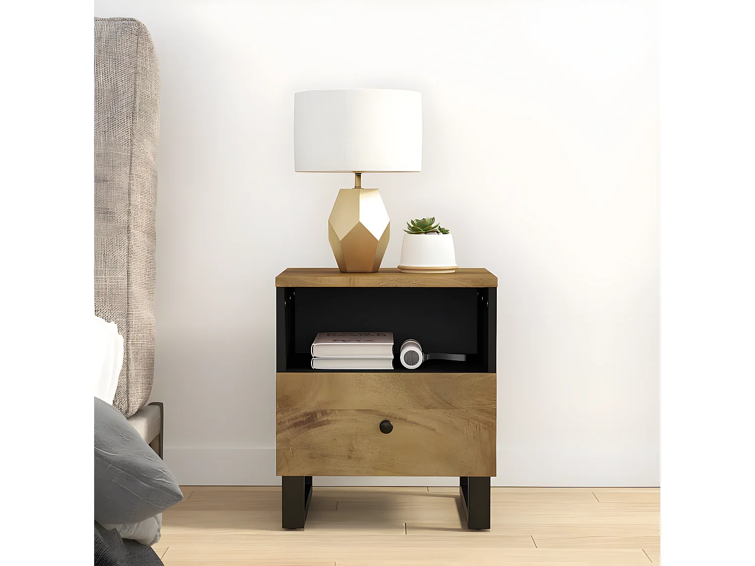 Nachttisch Nachtschrank Massivholz Mango & Holzwerkstoff -RN34809