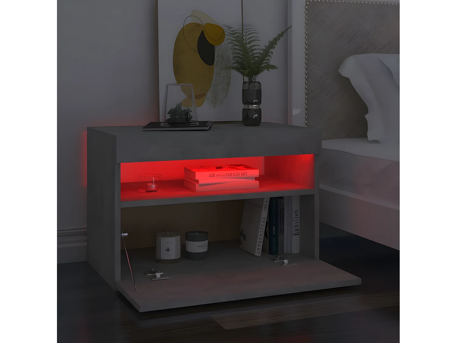 Nachttisch Nachtschrank mit LED-Leuchten Betongrau 60x35x40 cm -RN16238