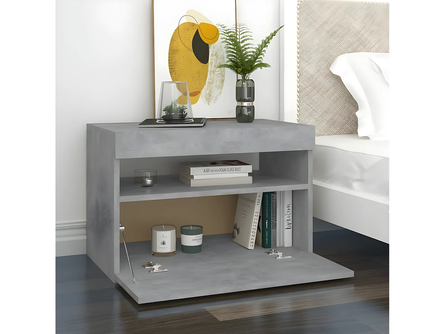 Nachttisch Nachtschrank mit LED-Leuchten Betongrau 60x35x40 cm -RN16238