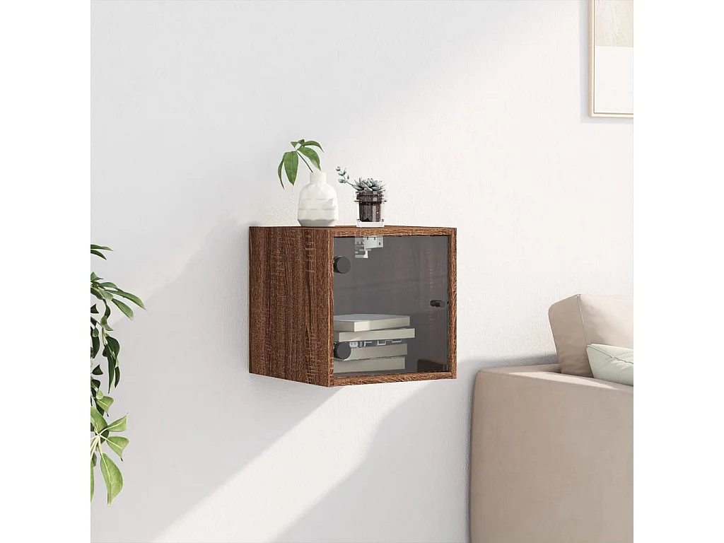 Nachttisch Nachtschrank mit Glastür Braun Eichen-Optik 35x37x35 cm -RN91949