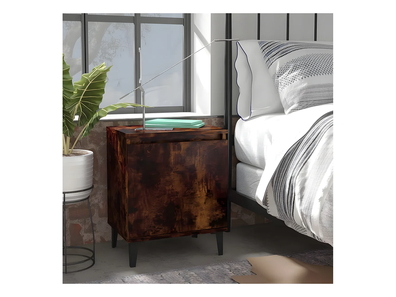 2er-Set Nachttische Nachtschrank mit Metallbeinen Räuchereiche 40x30x50 cm -RN56775