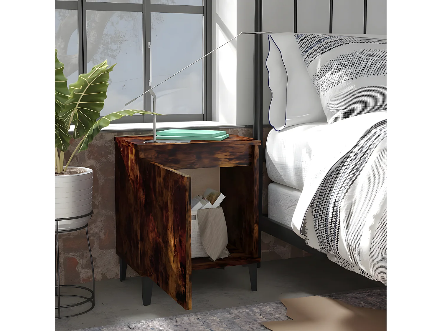 2er-Set Nachttische Nachtschrank mit Metallbeinen Räuchereiche 40x30x50 cm -RN56775